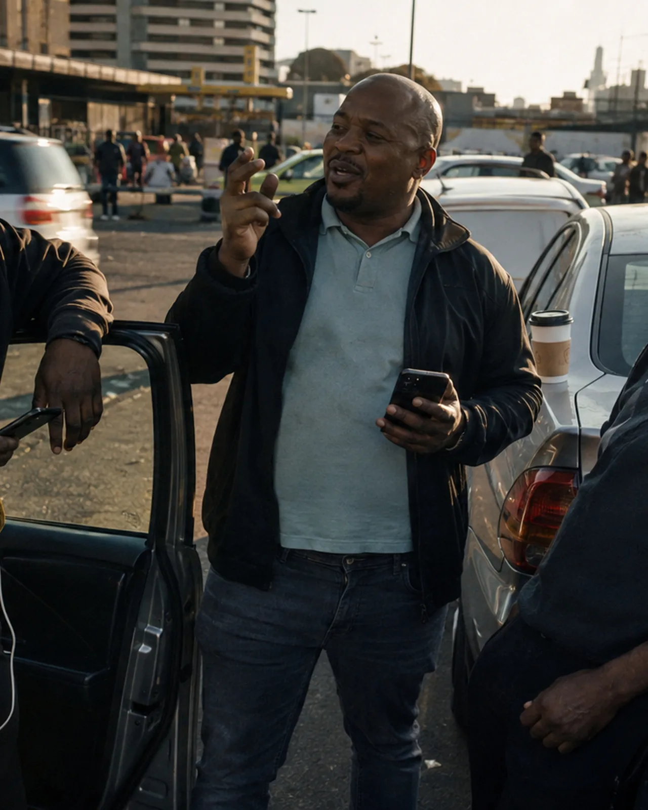 A driver with his phone and a coffee among others at the rank