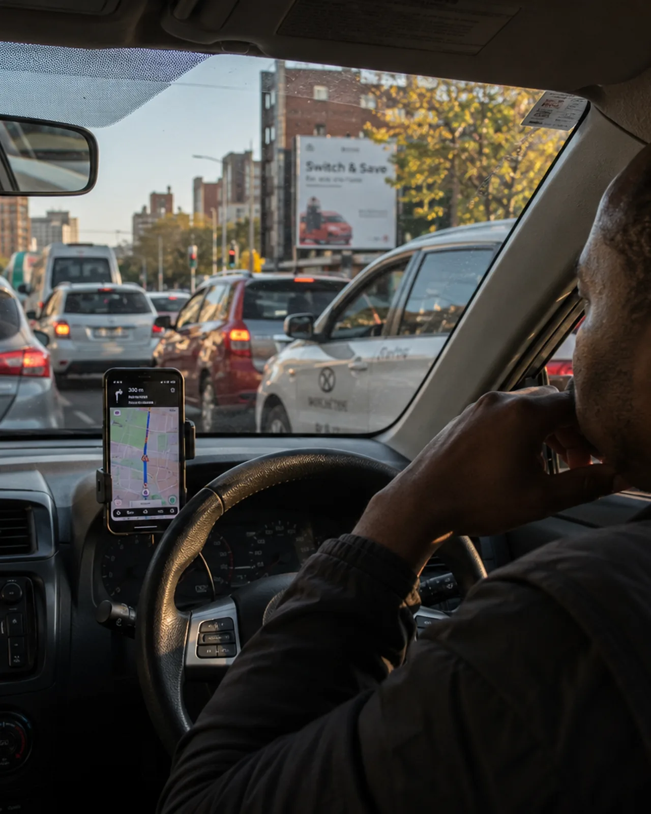 A driver at the wheel with the app mounted, city traffic ahead