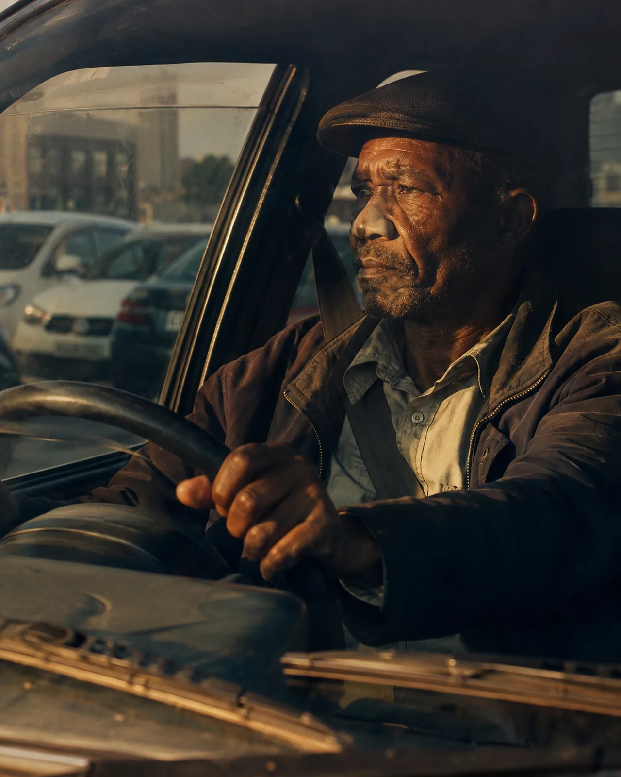 An older driver at the wheel, years of it in his face