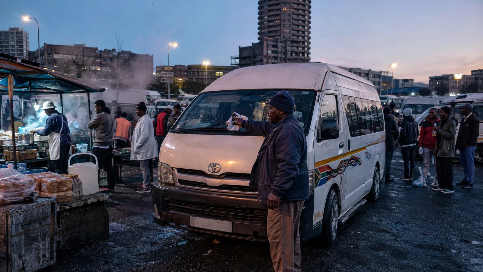 A taxi rank at dusk, produce stalls and commuters around the vans
