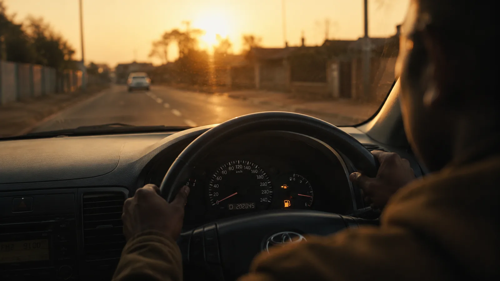 Hands on the wheel, township street at sunrise