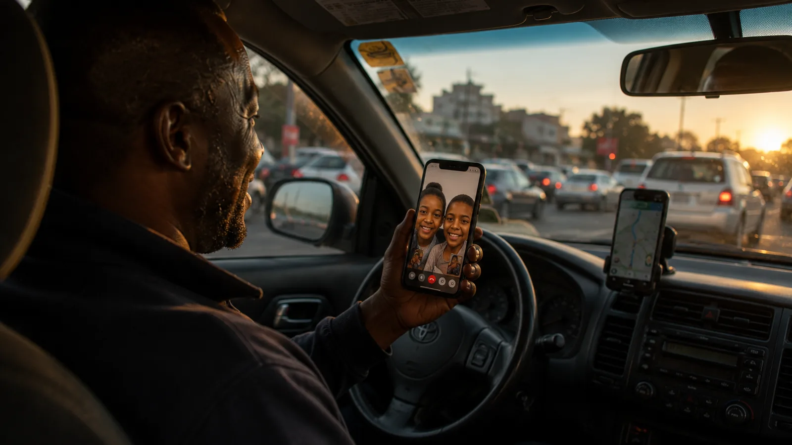 A driver at the wheel holding up his phone