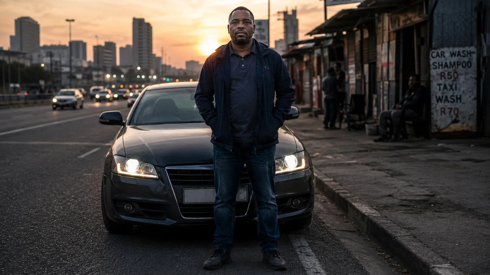 A driver standing in front of his car, headlights on at sunset
