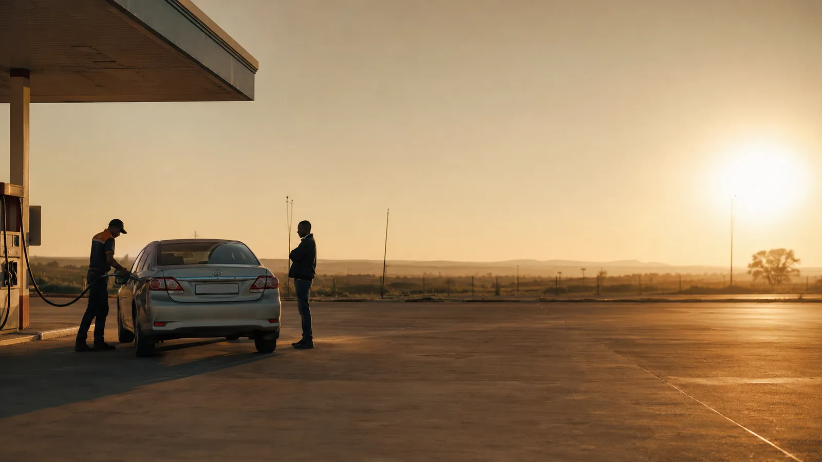 A driver waiting while an attendant fills his car at a Highveld forecourt at dawn