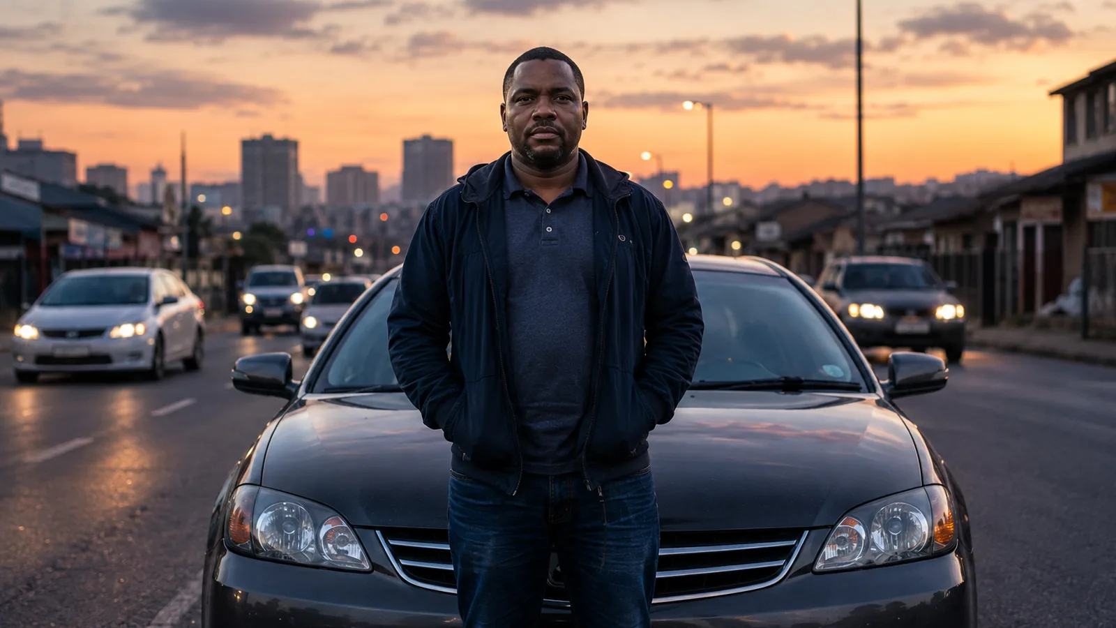 A driver standing with his own car, the city behind him at sunset