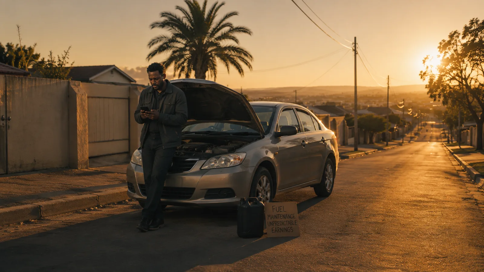 A driver beside his broken-down car, a sign listing fuel, maintenance and unpredictable earnings