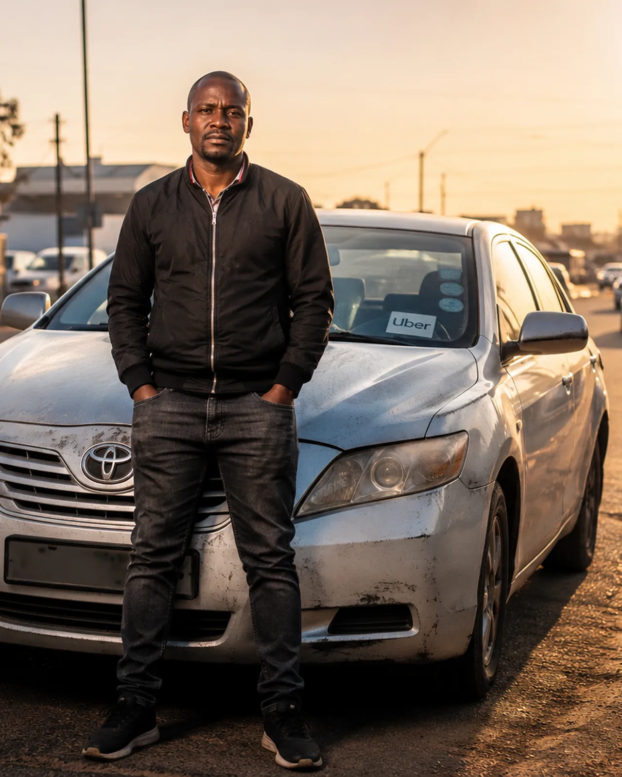 A driver standing with his car on a township street at sunset