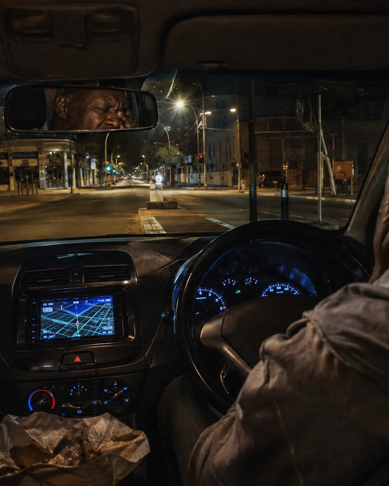 A driver at the wheel at night, the dash lit and the city ahead