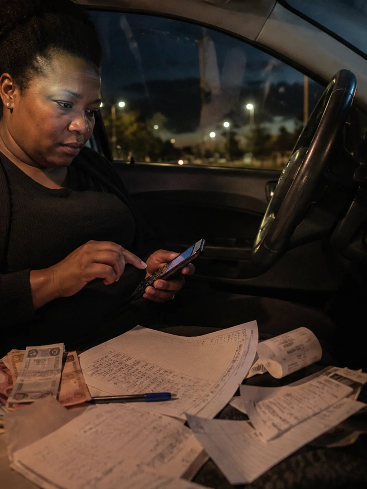 A driver at the wheel at night, paperwork spread across the seat
