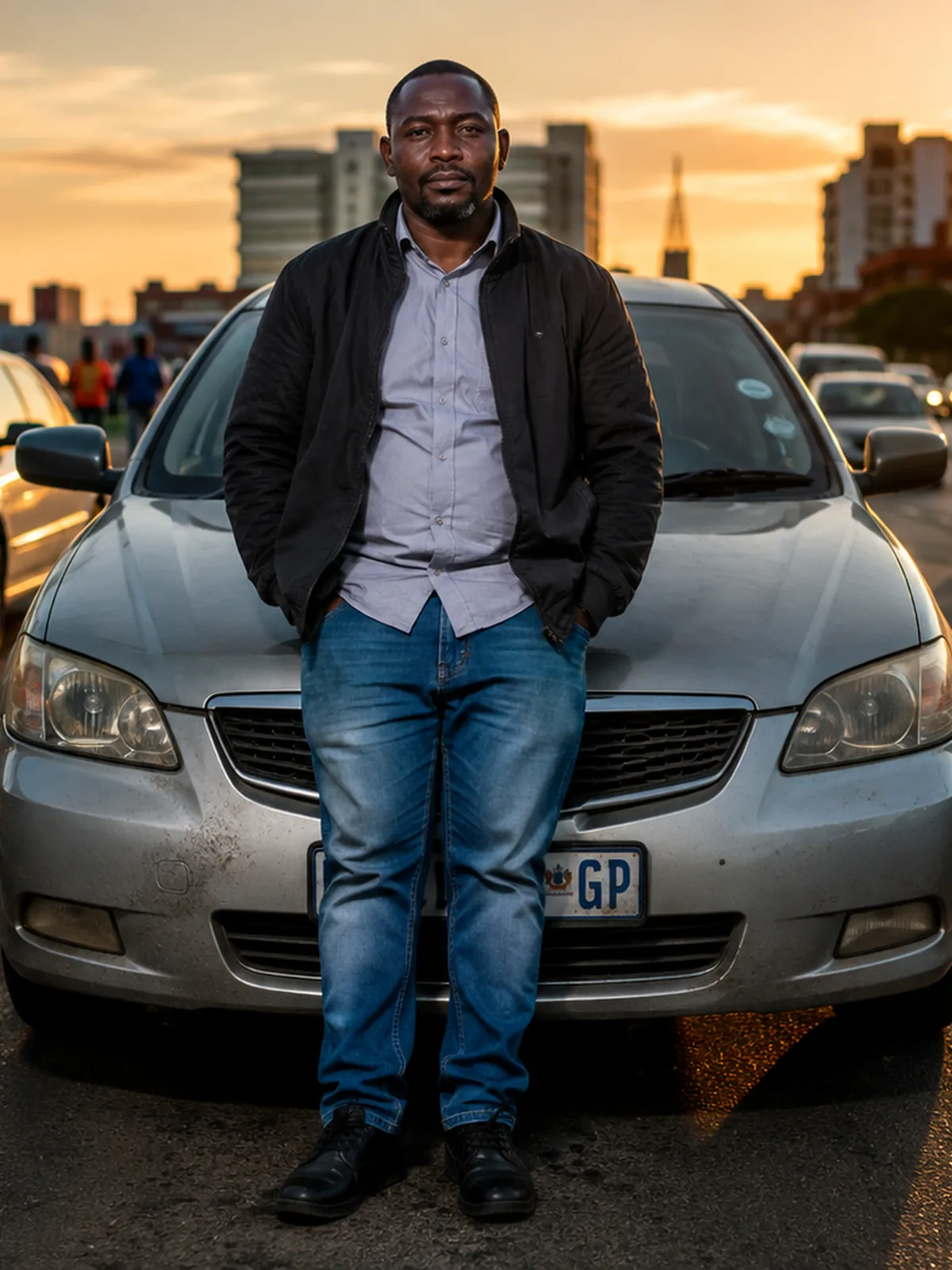 A driver standing in front of his car, the city behind at sunset