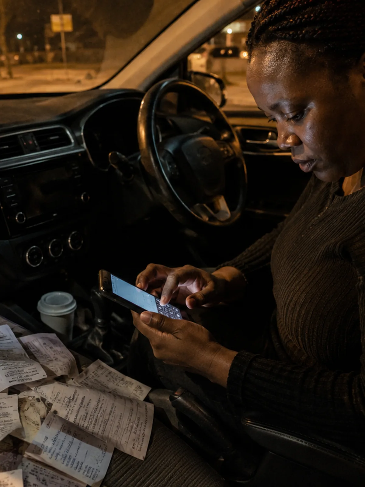 A driver at the wheel at night, working through her slips by phone