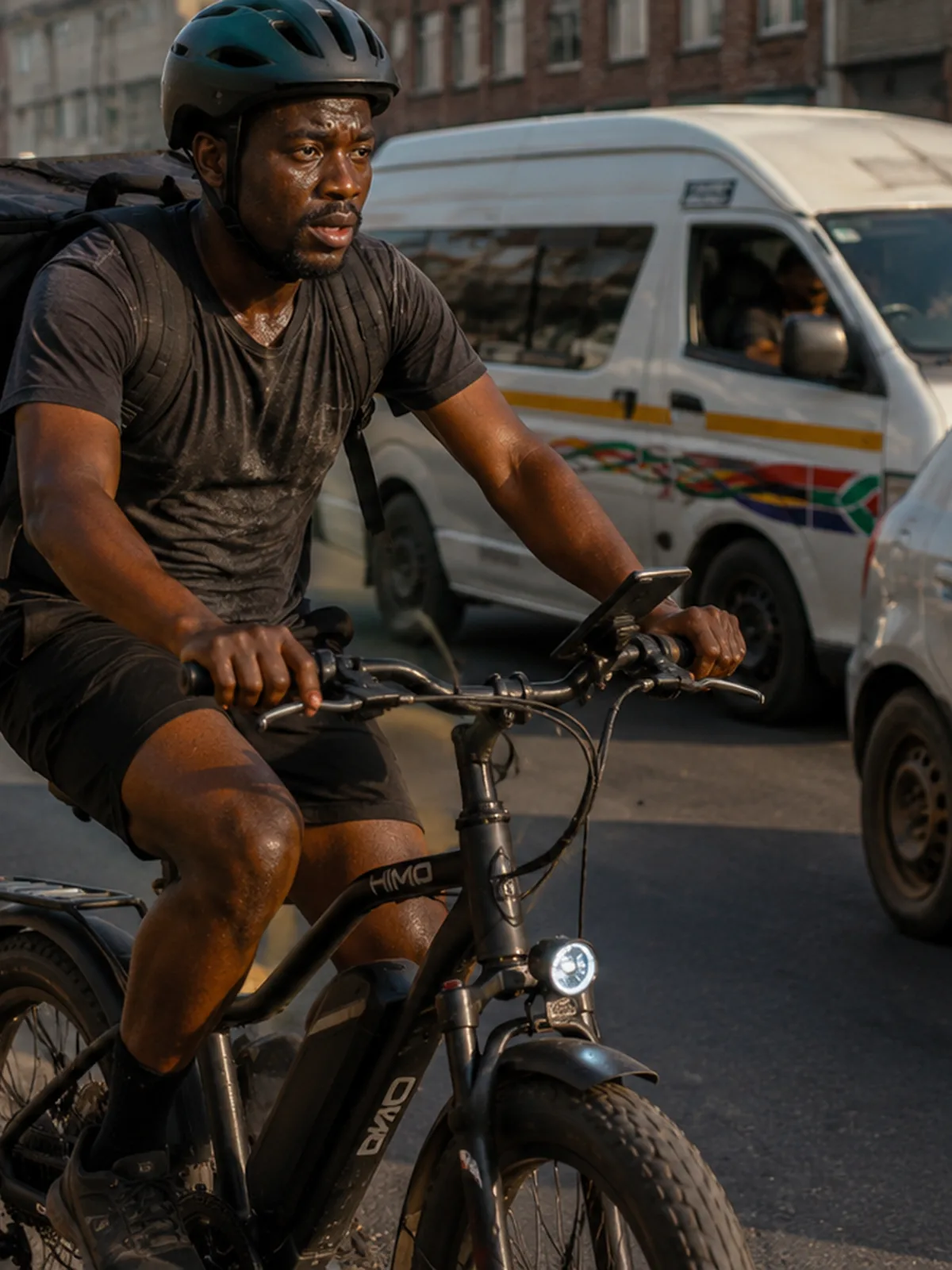 A cyclist courier riding through city traffic