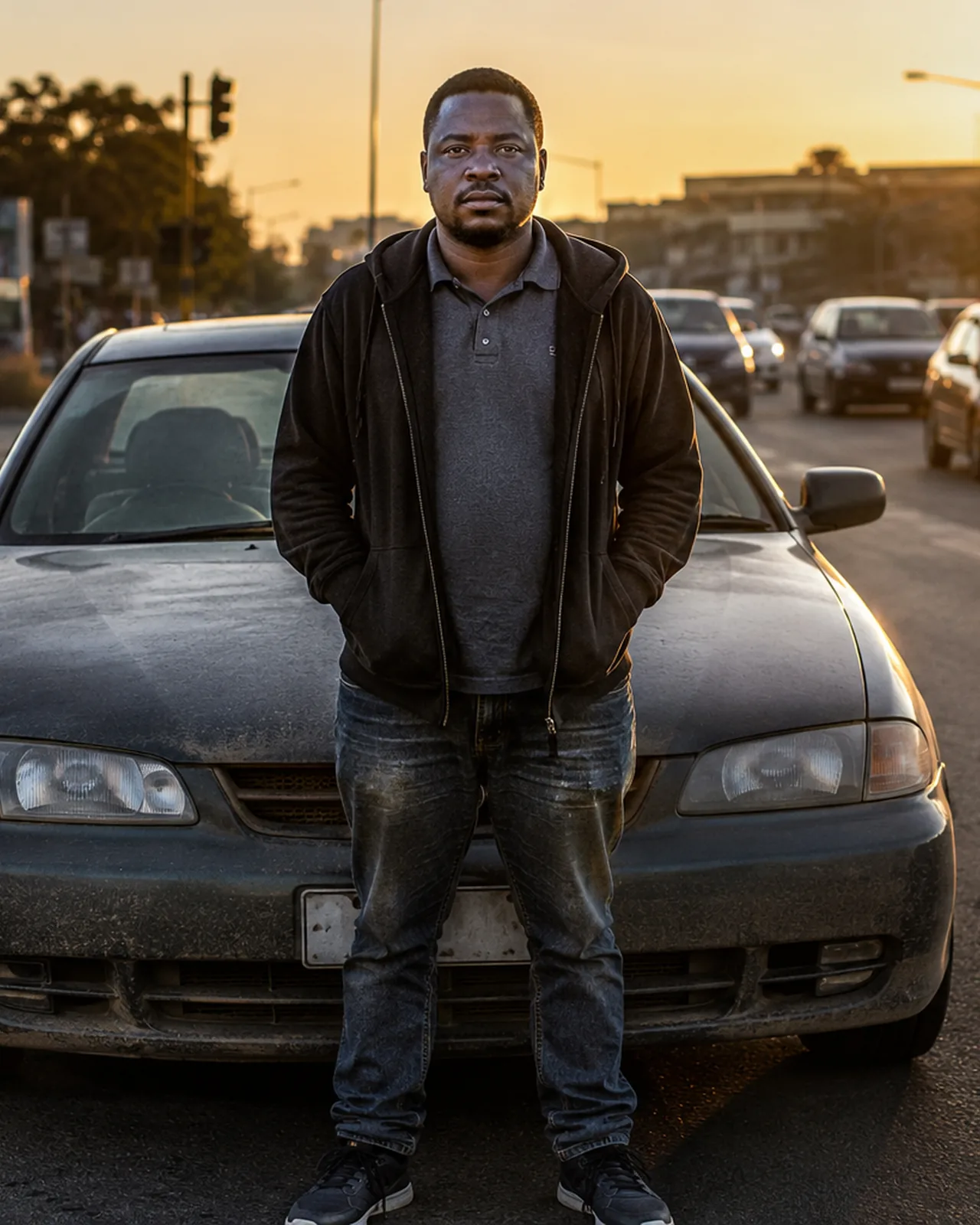A driver standing beside his car on a township street at sunset