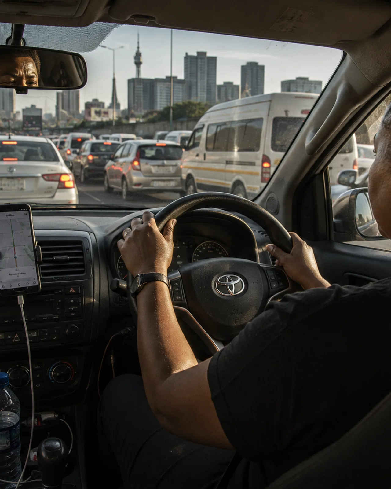 A driver at the wheel with the city road ahead
