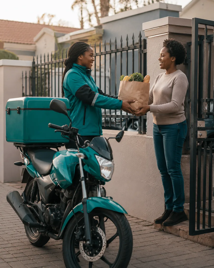 A rider handing groceries to someone at her gate