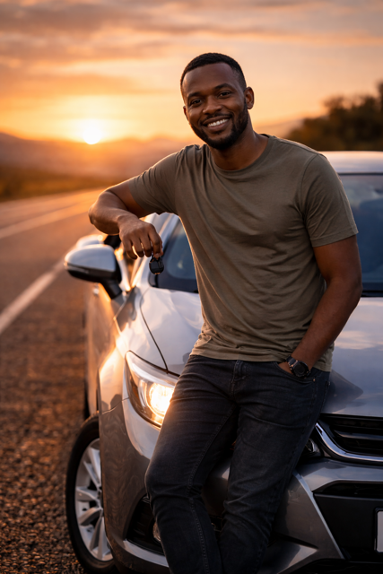 Man leaning on his car with keys at sunset — asset ownership